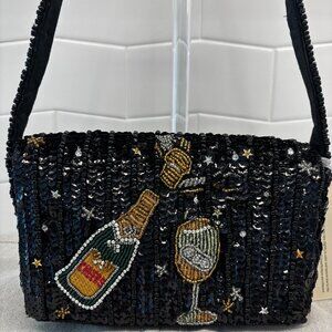 Made in India Beaded New Year's Eve Champagne "Cheers"Bag - Black, Gold & Sliver